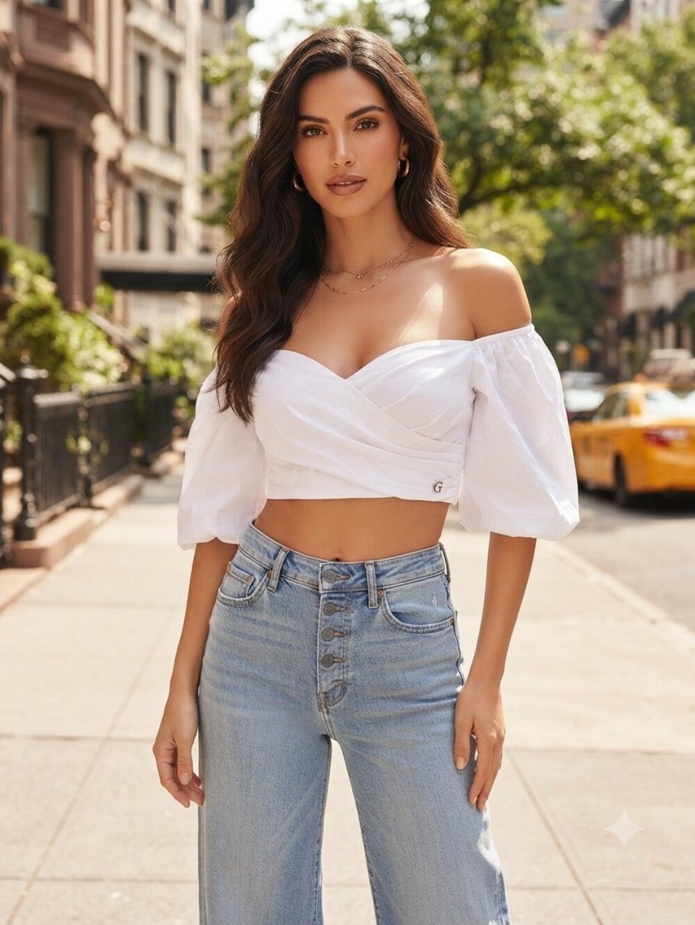 Guess Womens Cropped Off shoulder smocked Puff sleeve top blouse shirt White XL